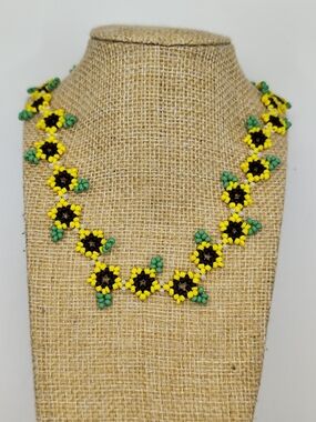 Yellow Green Black Beaded Floral Necklace — Handmade Statement